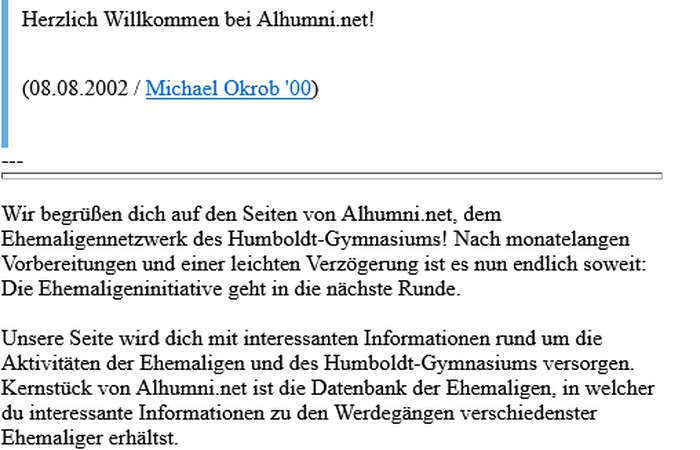 20 Jahre Alhumni.net! Am 08.08.2002 ging die Seite zum ersten Mal online.